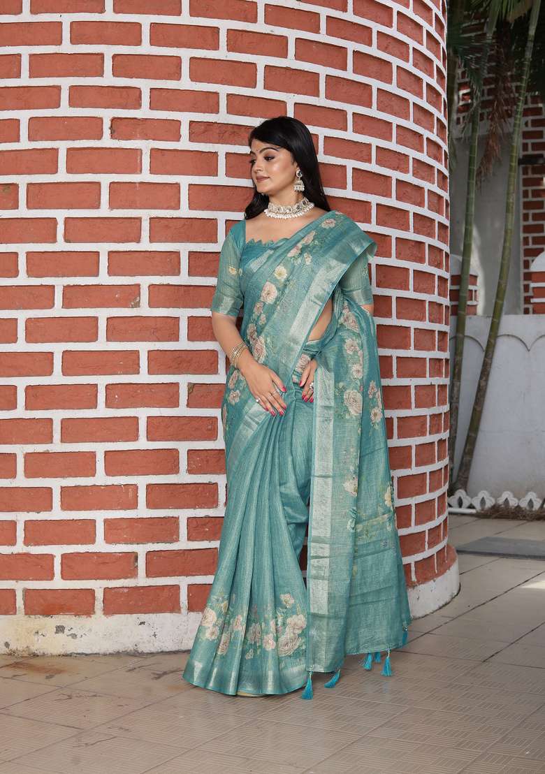 Sea Green Floral Print Cotton Saree Set for Diwali and Festive Wear - Indya