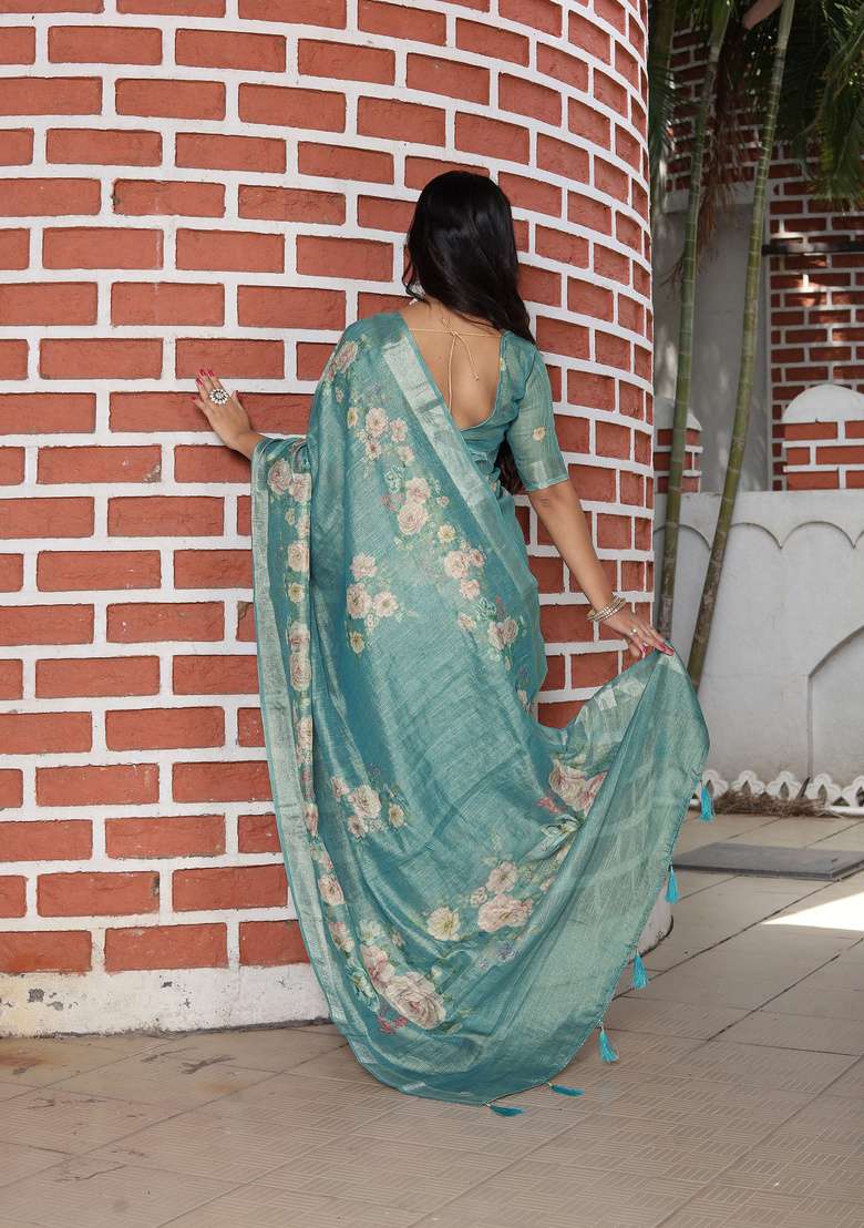 Sea Green Floral Print Cotton Saree Set for Diwali and Festive Wear - Indya