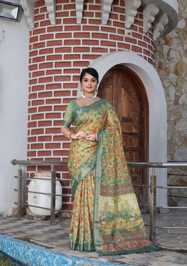Beige Cotton Saree Set with Floral Print for Diwali | Wedding & Festive Wear - Indya