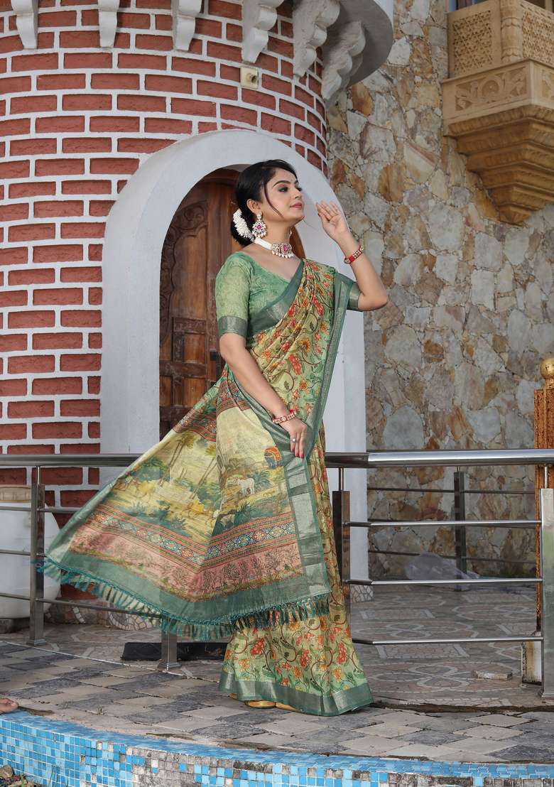 Beige Cotton Saree Set with Floral Print for Diwali | Wedding & Festive Wear - Indya