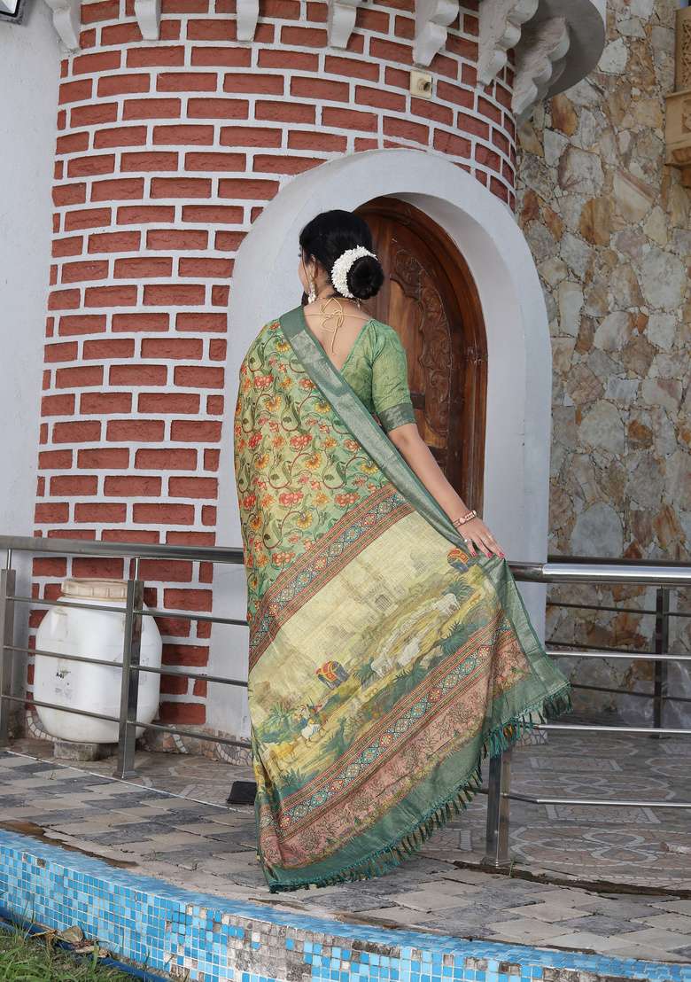 Beige Cotton Saree Set with Floral Print for Diwali | Wedding & Festive Wear - Indya