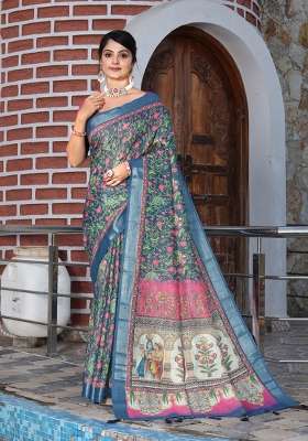 Teal Pink Cotton Saree Set with Floral Print for Diwali | Wedding & Festive Wear