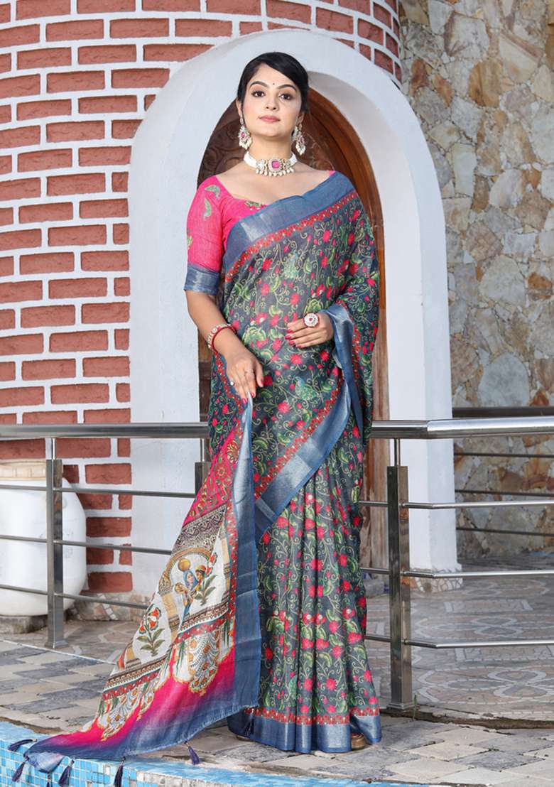 Teal Pink Cotton Saree Set with Floral Print for Diwali | Wedding & Festive Wear - Indya