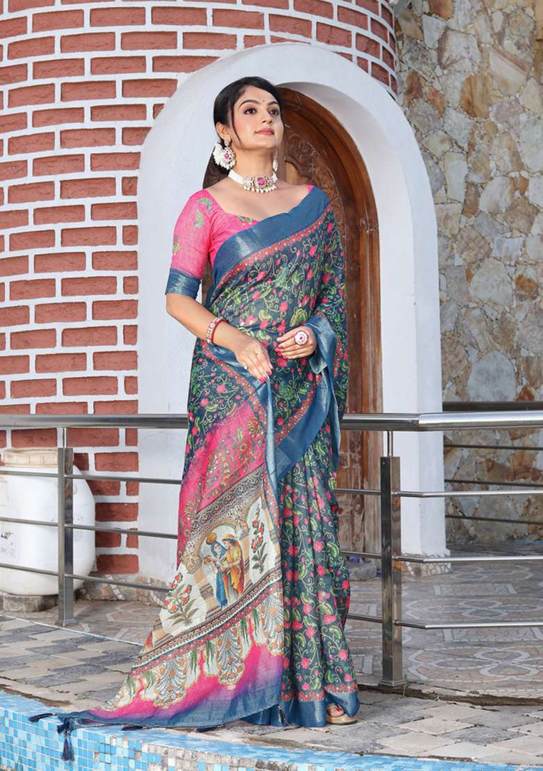 Teal Pink Cotton Saree Set with Floral Print for Diwali | Wedding & Festive Wear - Indya