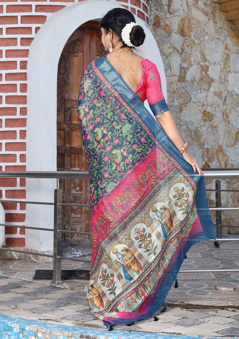 Teal Pink Cotton Saree Set with Floral Print for Diwali | Wedding & Festive Wear - Indya