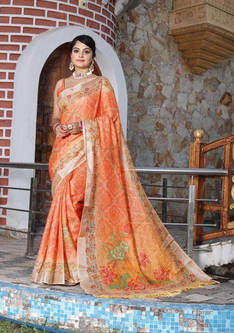 Orange Floral Print Cotton Saree Set for Diwali and Festive Wear - Indya