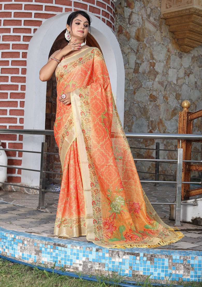 Orange Floral Print Cotton Saree Set for Diwali and Festive Wear - Indya
