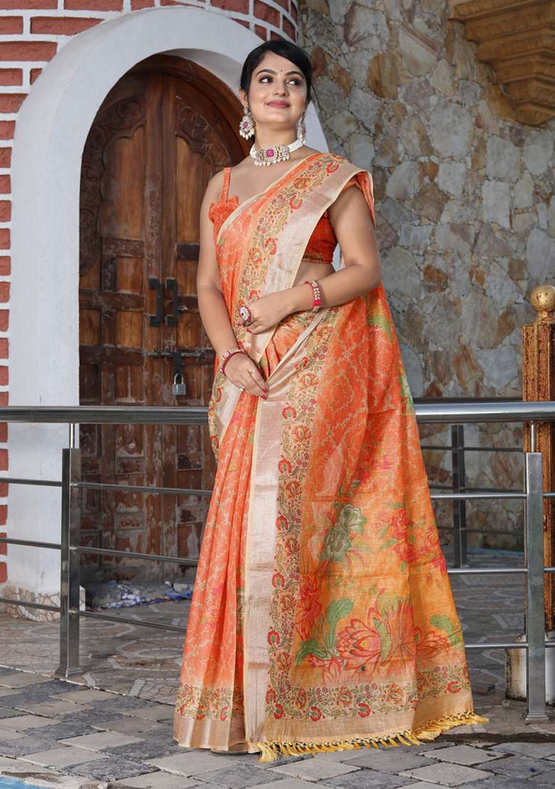 Orange Floral Print Cotton Saree Set for Diwali and Festive Wear - Indya
