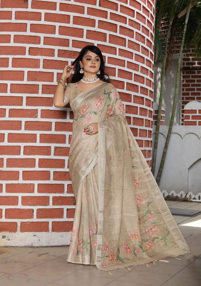Beige Cotton Saree Set with Floral Print for Diwali | Wedding & Festive Wear - Indya
