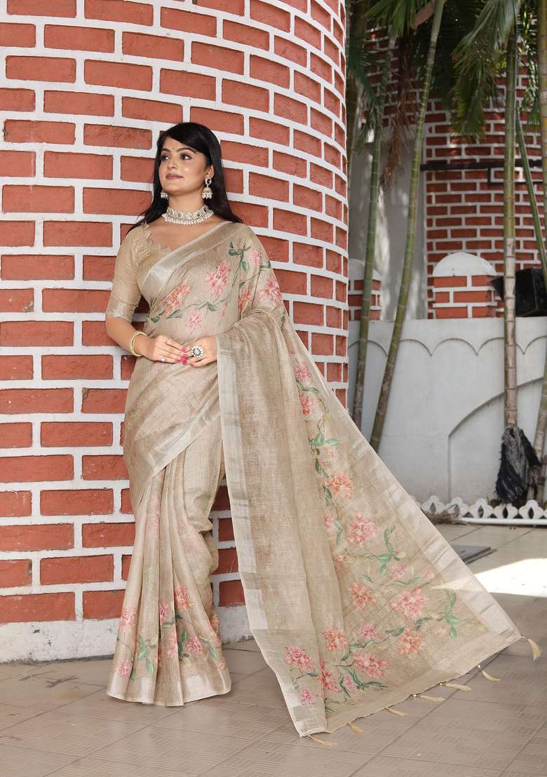 Beige Cotton Saree Set with Floral Print for Diwali | Wedding & Festive Wear - Indya