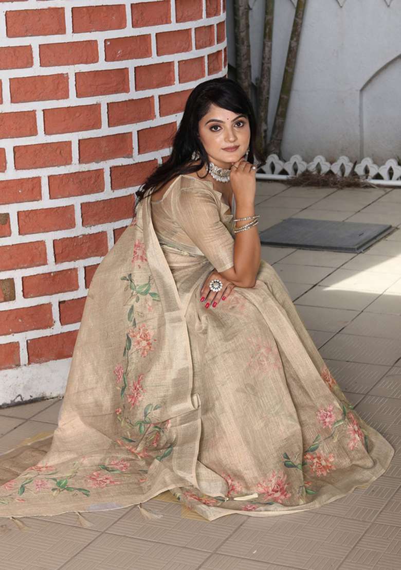 Beige Cotton Saree Set with Floral Print for Diwali | Wedding & Festive Wear - Indya