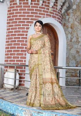 Beige Cotton Saree Set with Floral Print for Diwali | Wedding & Festive Wear