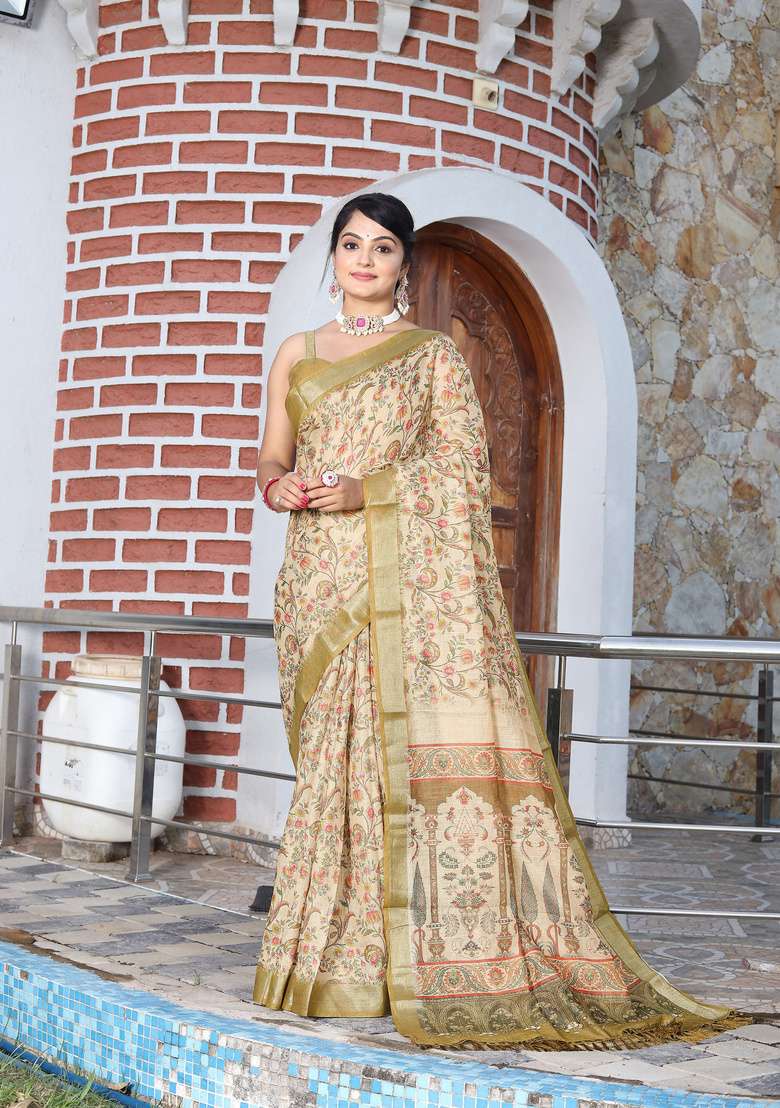 Beige Cotton Saree Set with Floral Print for Diwali | Wedding & Festive Wear - Indya