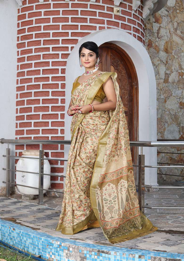 Beige Cotton Saree Set with Floral Print for Diwali | Wedding & Festive Wear - Indya