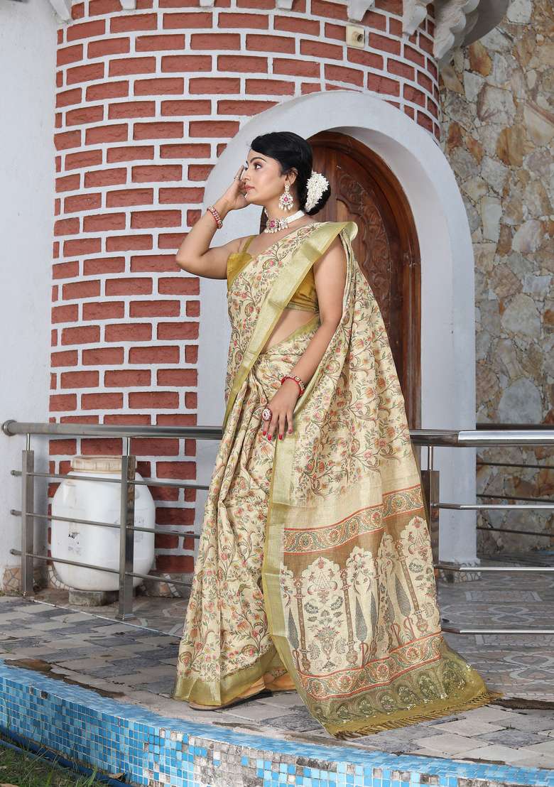Beige Cotton Saree Set with Floral Print for Diwali | Wedding & Festive Wear - Indya