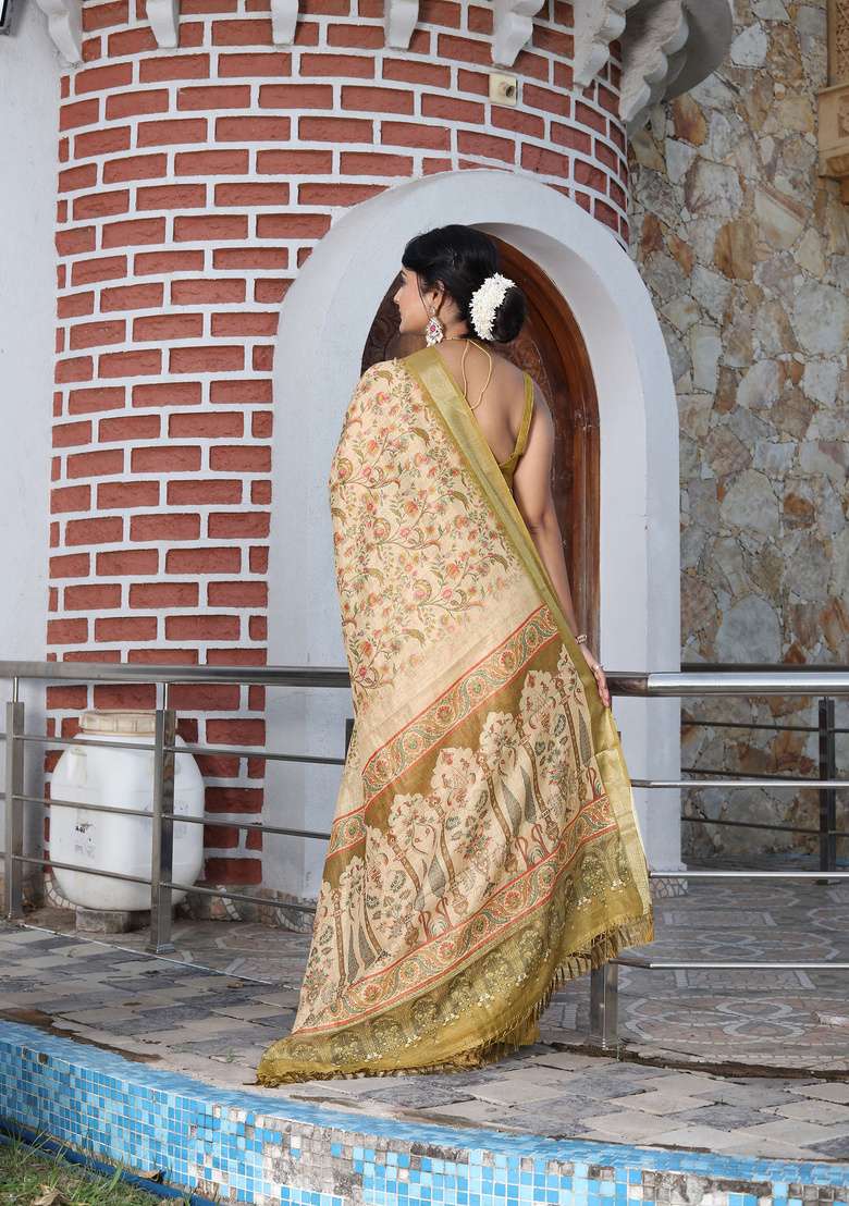 Beige Cotton Saree Set with Floral Print for Diwali | Wedding & Festive Wear - Indya