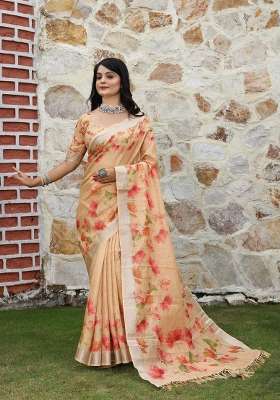 Beige Cotton Saree Set with Floral Print for Diwali | Wedding & Festive Wear