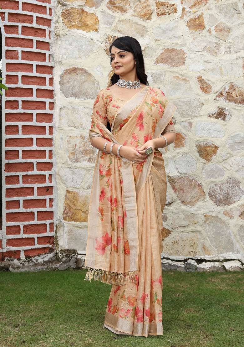 Beige Cotton Saree Set with Floral Print for Diwali | Wedding & Festive Wear - Indya