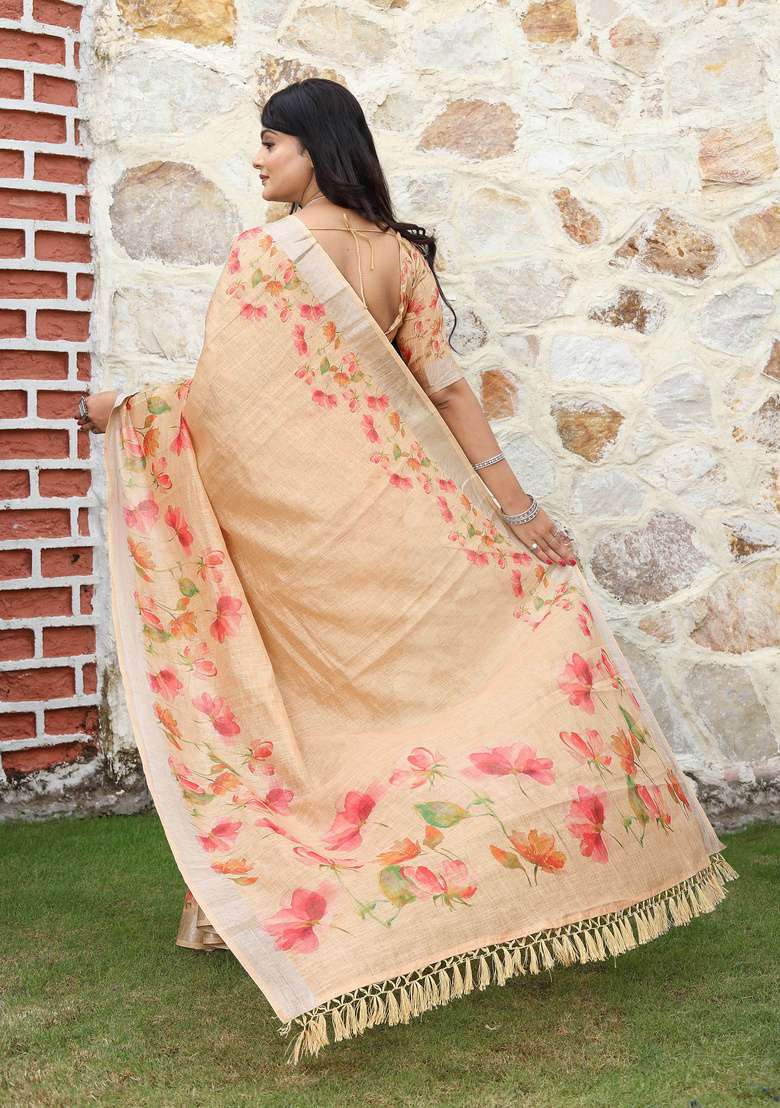 Beige Cotton Saree Set with Floral Print for Diwali | Wedding & Festive Wear - Indya