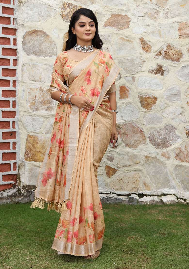 Beige Cotton Saree Set with Floral Print for Diwali | Wedding & Festive Wear - Indya