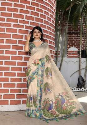 Beige Cotton Saree Set with Floral Print for Diwali | Wedding & Festive Wear