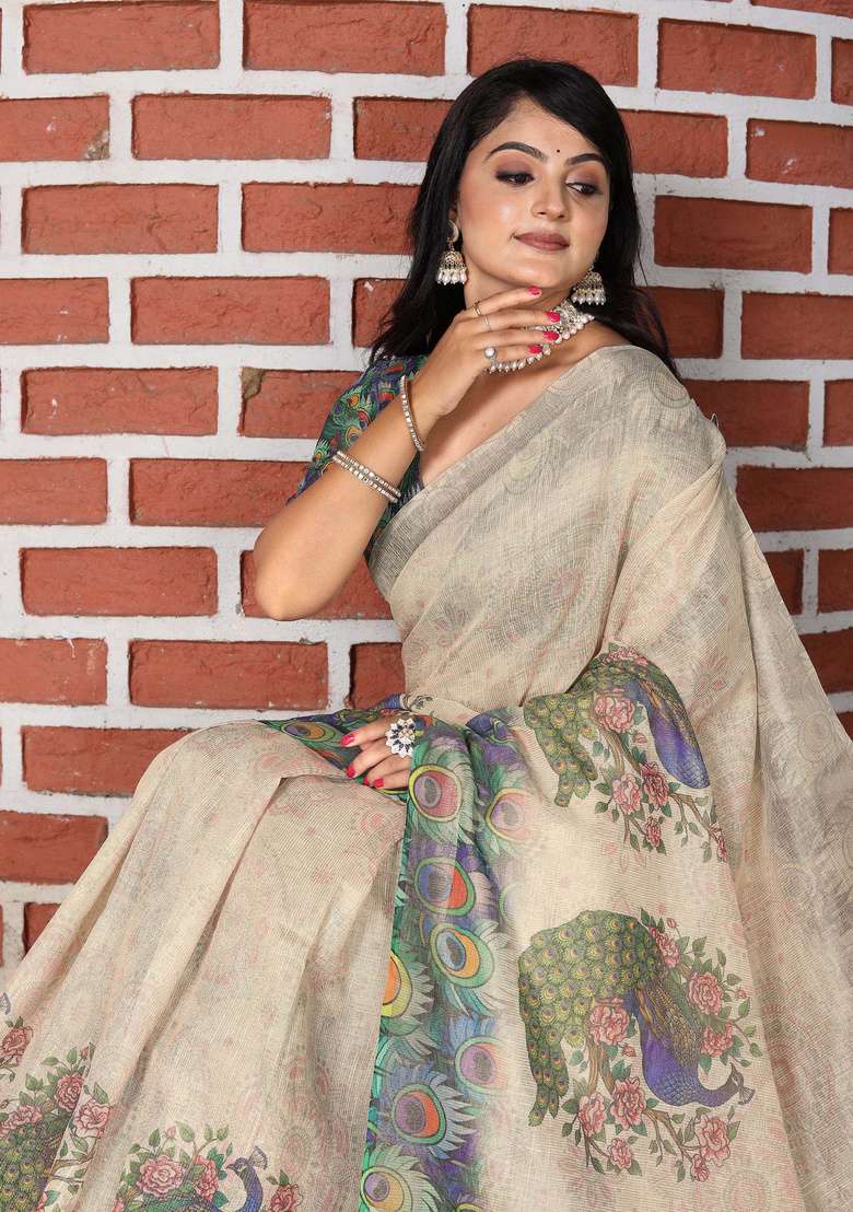 Beige Cotton Saree Set with Floral Print for Diwali | Wedding & Festive Wear - Indya