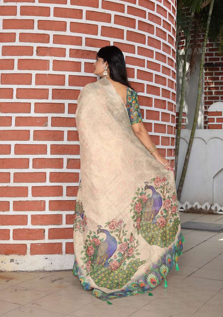 Beige Cotton Saree Set with Floral Print for Diwali | Wedding & Festive Wear - Indya