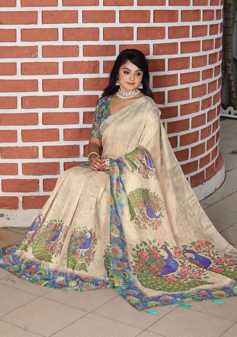 Beige Cotton Saree Set with Floral Print for Diwali | Wedding & Festive Wear - Indya