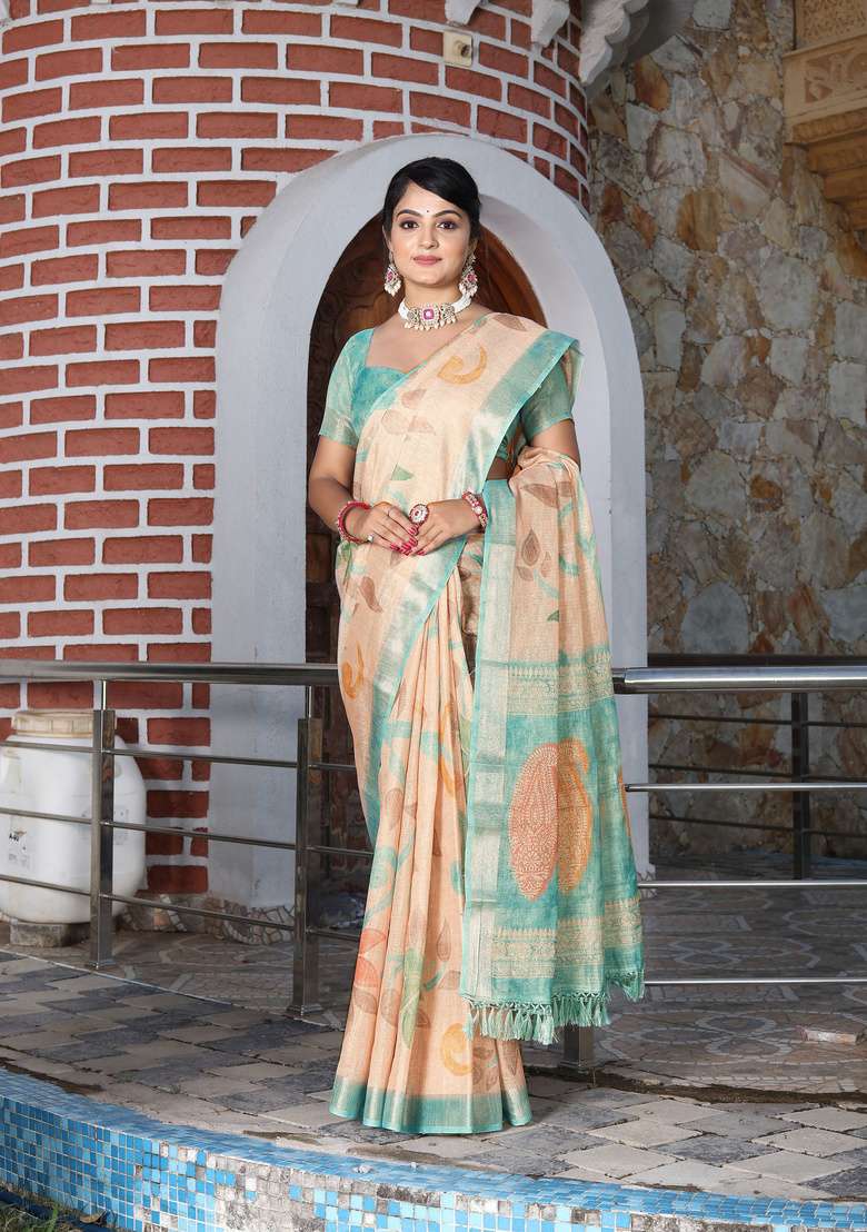 Beige Floral Print Cotton Saree Set for Diwali and Festive Wear - Indya