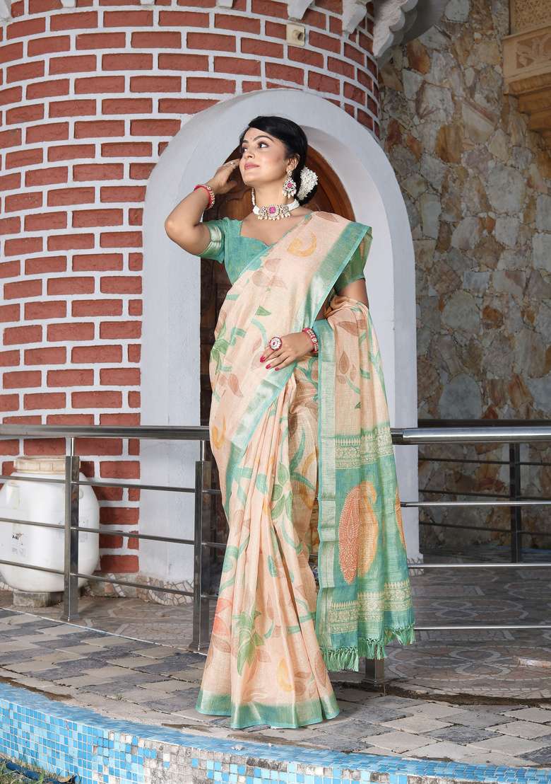 Beige Floral Print Cotton Saree Set for Diwali and Festive Wear - Indya