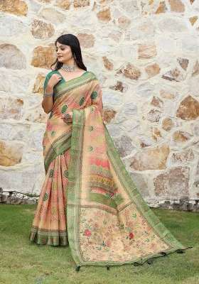 Beige Floral Print Cotton Saree Set for Diwali and Festive Wear