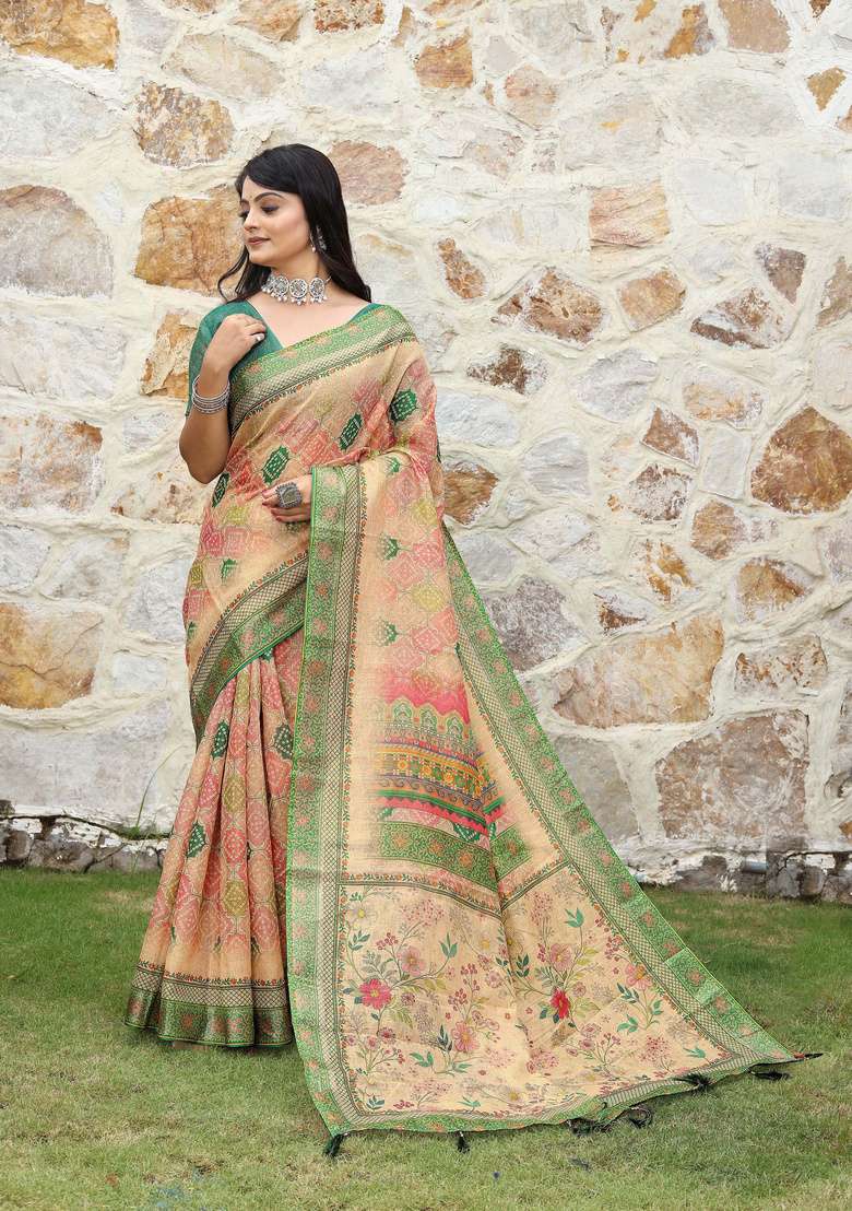 Beige Floral Print Cotton Saree Set for Diwali and Festive Wear - Indya