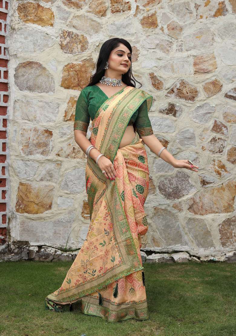Beige Floral Print Cotton Saree Set for Diwali and Festive Wear - Indya