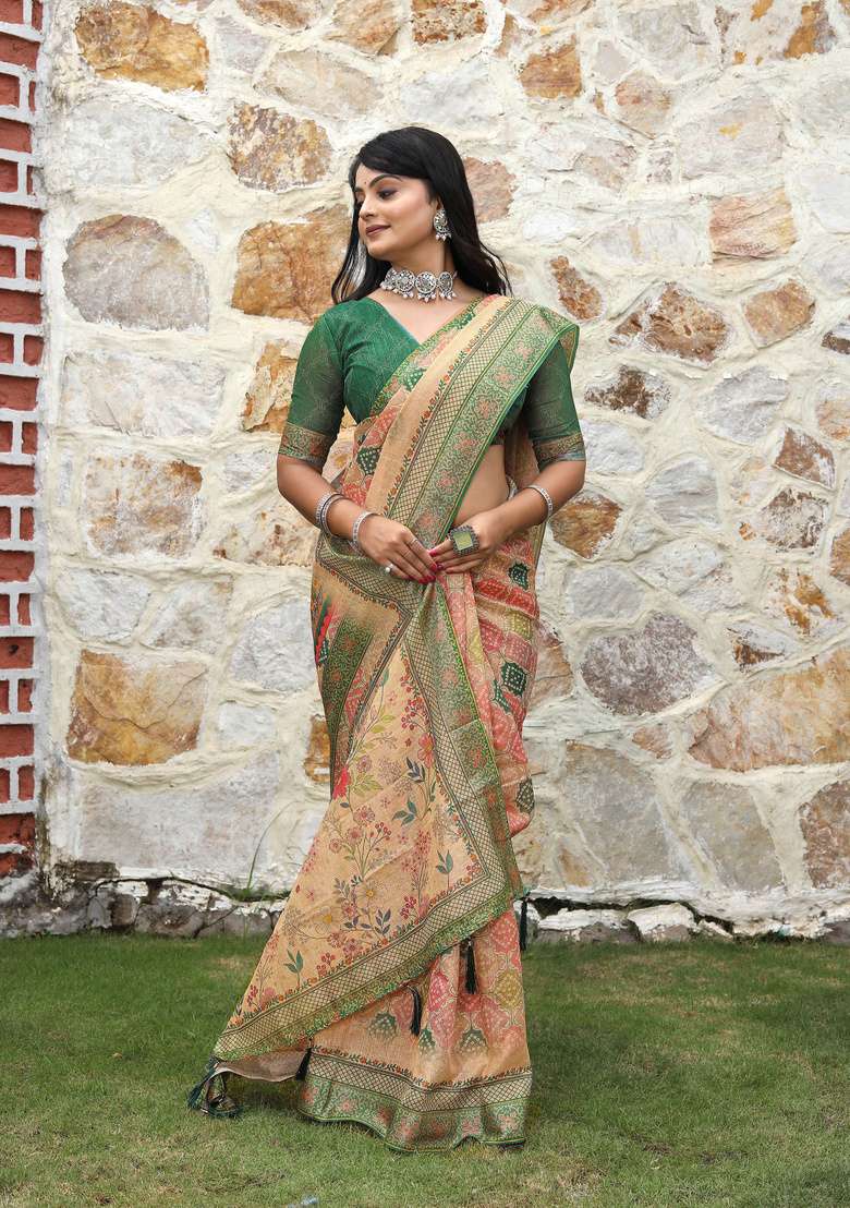 Beige Floral Print Cotton Saree Set for Diwali and Festive Wear - Indya