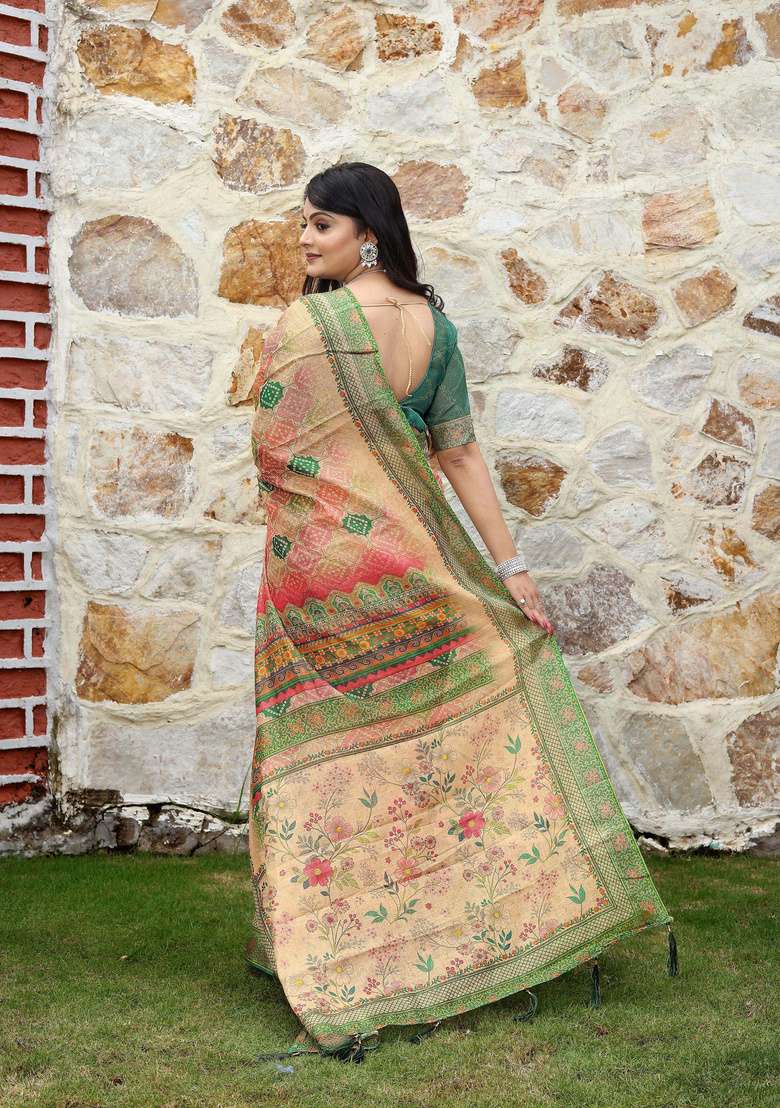 Beige Floral Print Cotton Saree Set for Diwali and Festive Wear - Indya