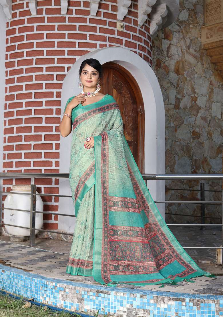 Green Floral Print Cotton Saree Set for Diwali and Festive Wear - Indya