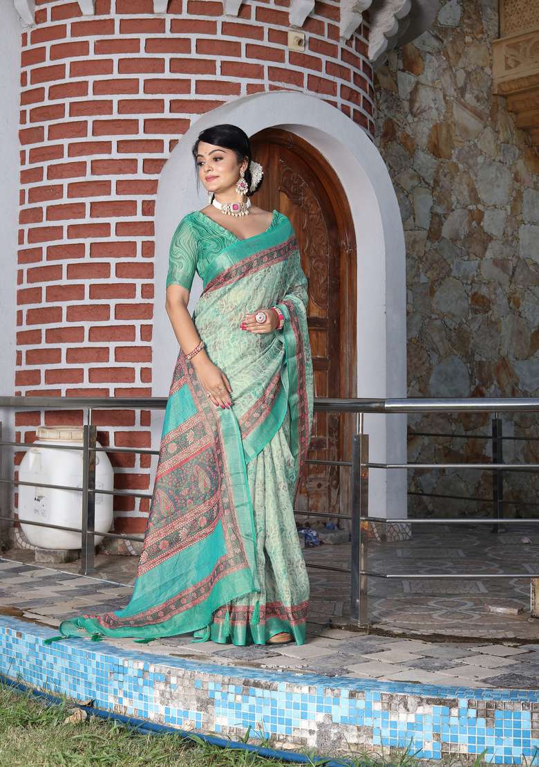 Green Floral Print Cotton Saree Set for Diwali and Festive Wear - Indya