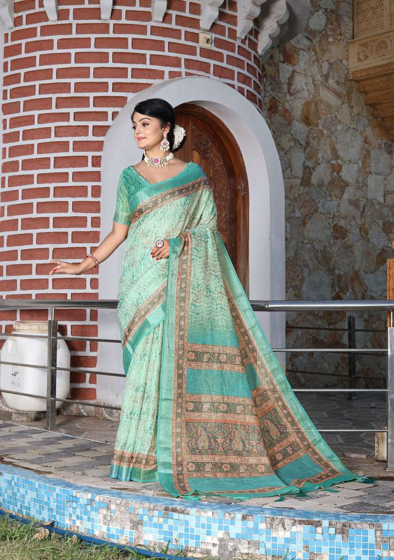 Green Floral Print Cotton Saree Set for Diwali and Festive Wear - Indya