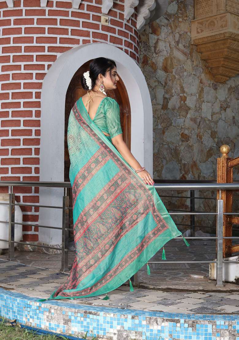 Green Floral Print Cotton Saree Set for Diwali and Festive Wear - Indya