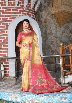 Beige Cotton Saree Set with Floral Print for Diwali | Wedding & Festive Wear