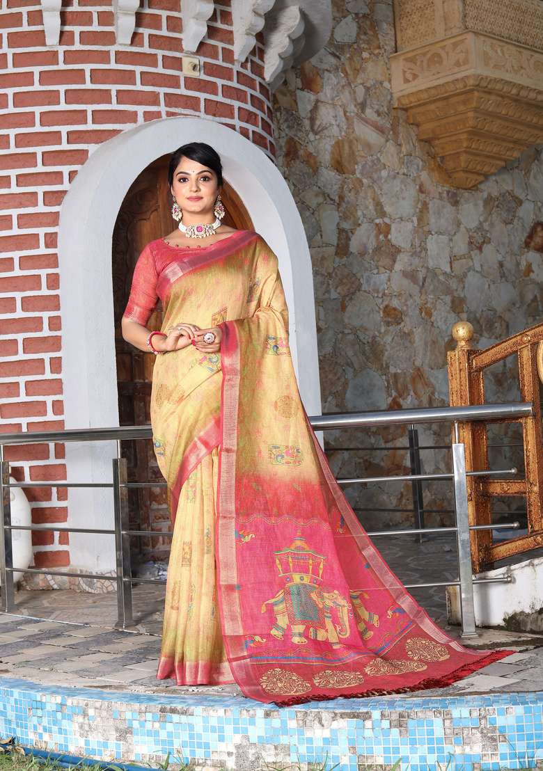 Beige Cotton Saree Set with Floral Print for Diwali | Wedding & Festive Wear - Indya