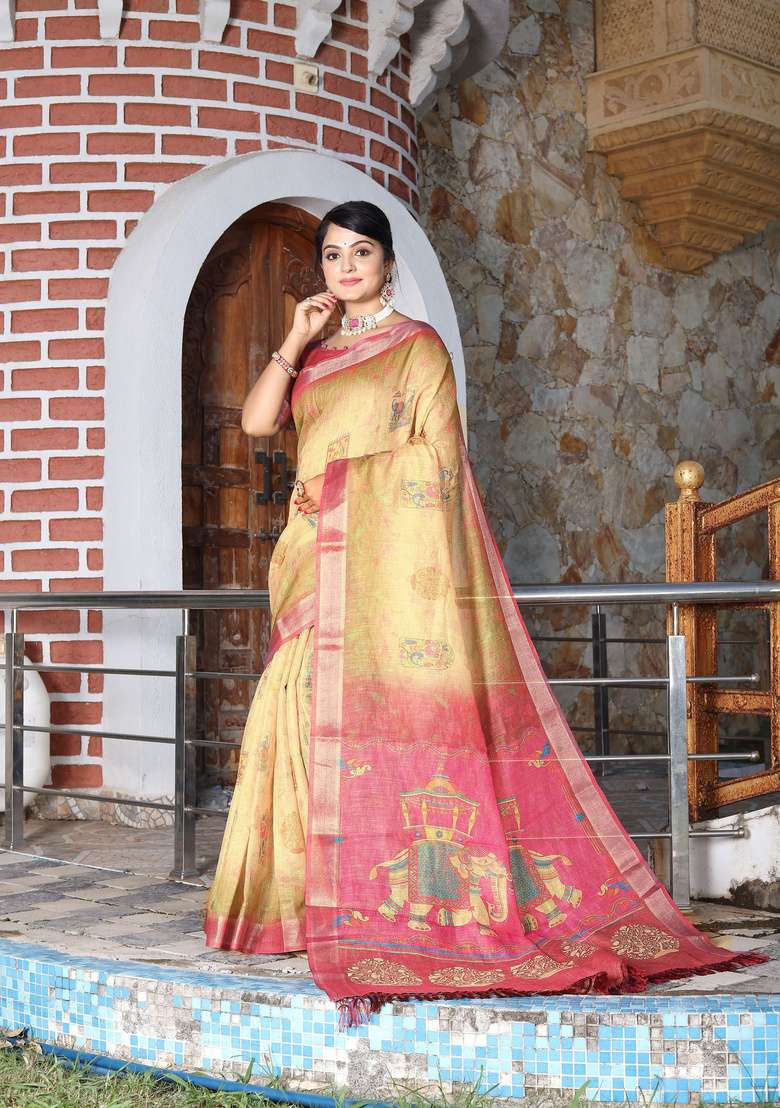 Beige Cotton Saree Set with Floral Print for Diwali | Wedding & Festive Wear - Indya