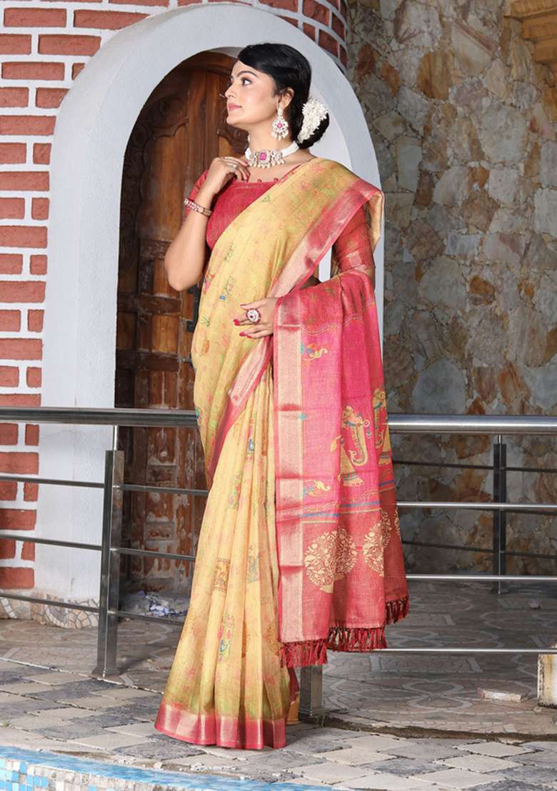 Beige Cotton Saree Set with Floral Print for Diwali | Wedding & Festive Wear - Indya