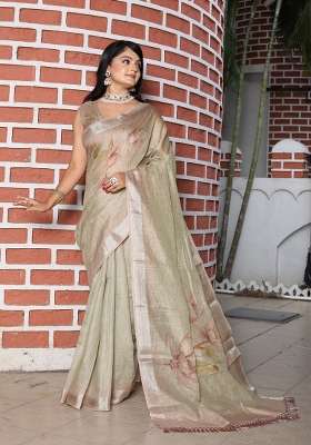 Light Green Cotton Saree Set with Floral Print for Diwali | Wedding & Festive Wear