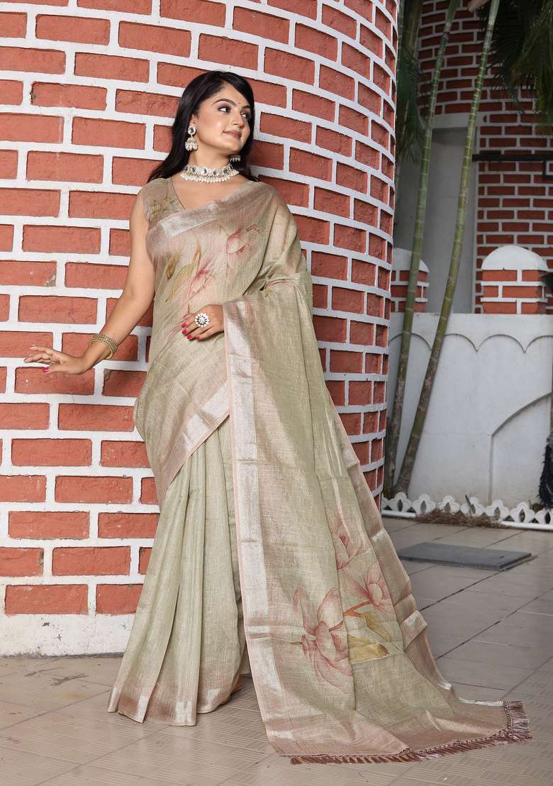Light Green Cotton Saree Set with Floral Print for Diwali | Wedding & Festive Wear - Indya