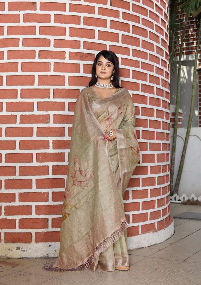 Light Green Cotton Saree Set with Floral Print for Diwali | Wedding & Festive Wear - Indya