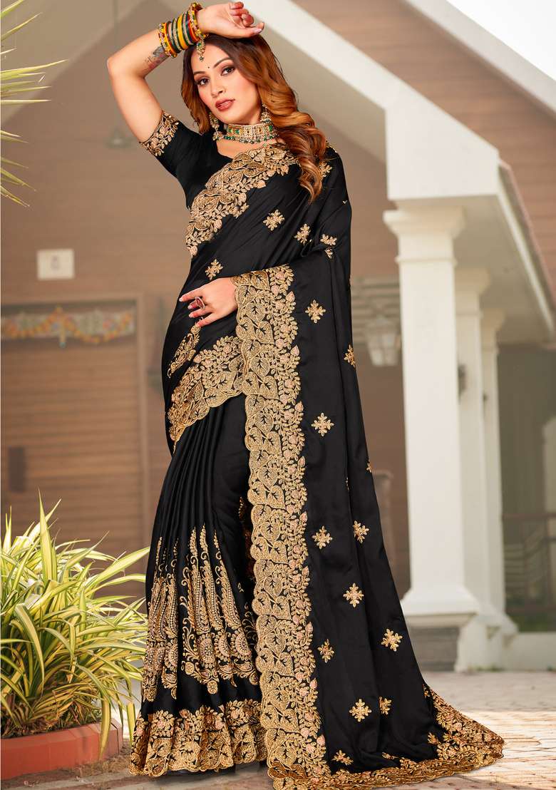 Black Embroidered Satin Saree Set for Diwali and Festive Wear - Indya