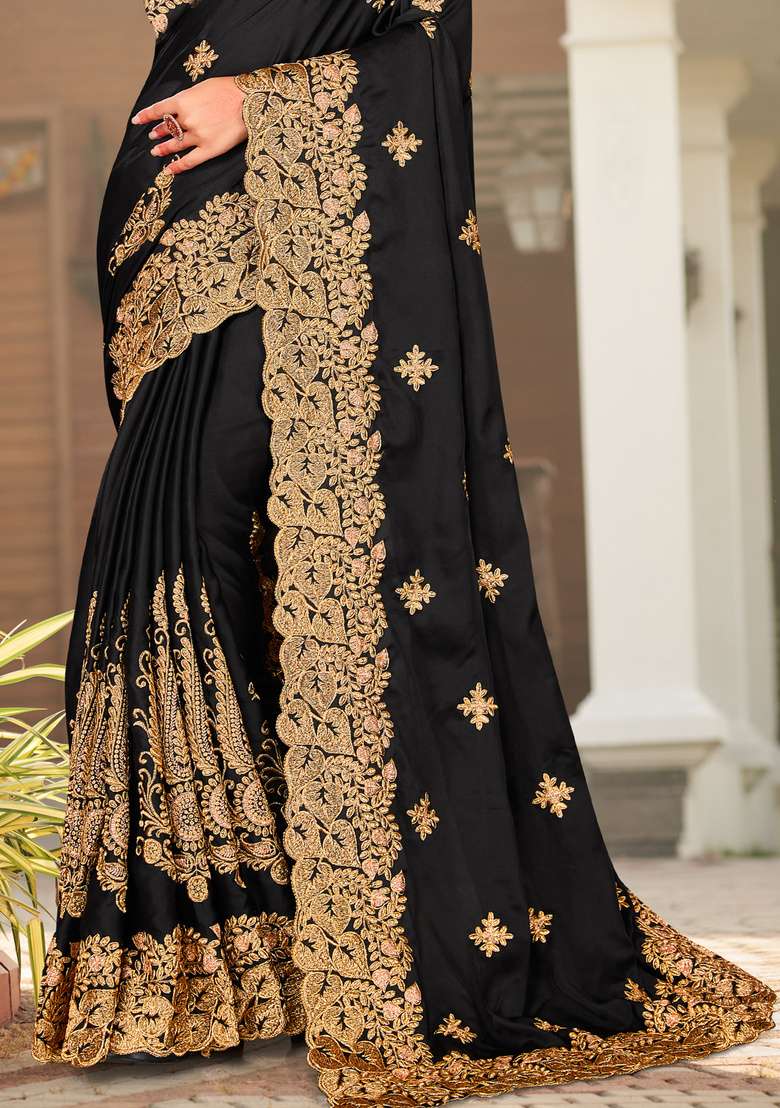 Black Embroidered Satin Saree Set for Diwali and Festive Wear - Indya