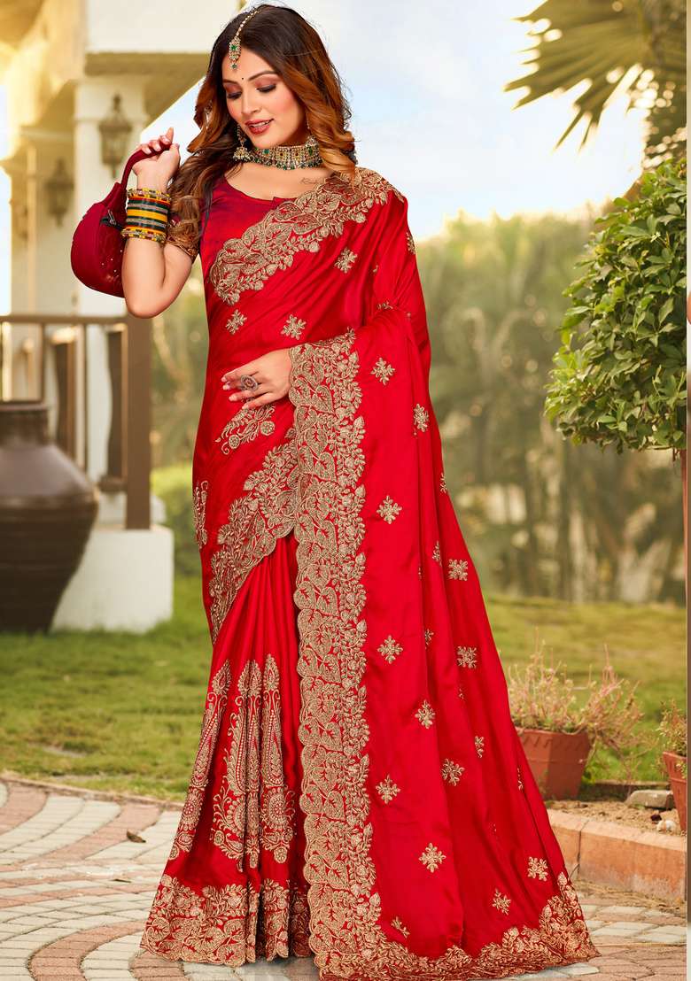 Red Embroidered Satin Saree Set for Diwali and Festive Wear - Indya