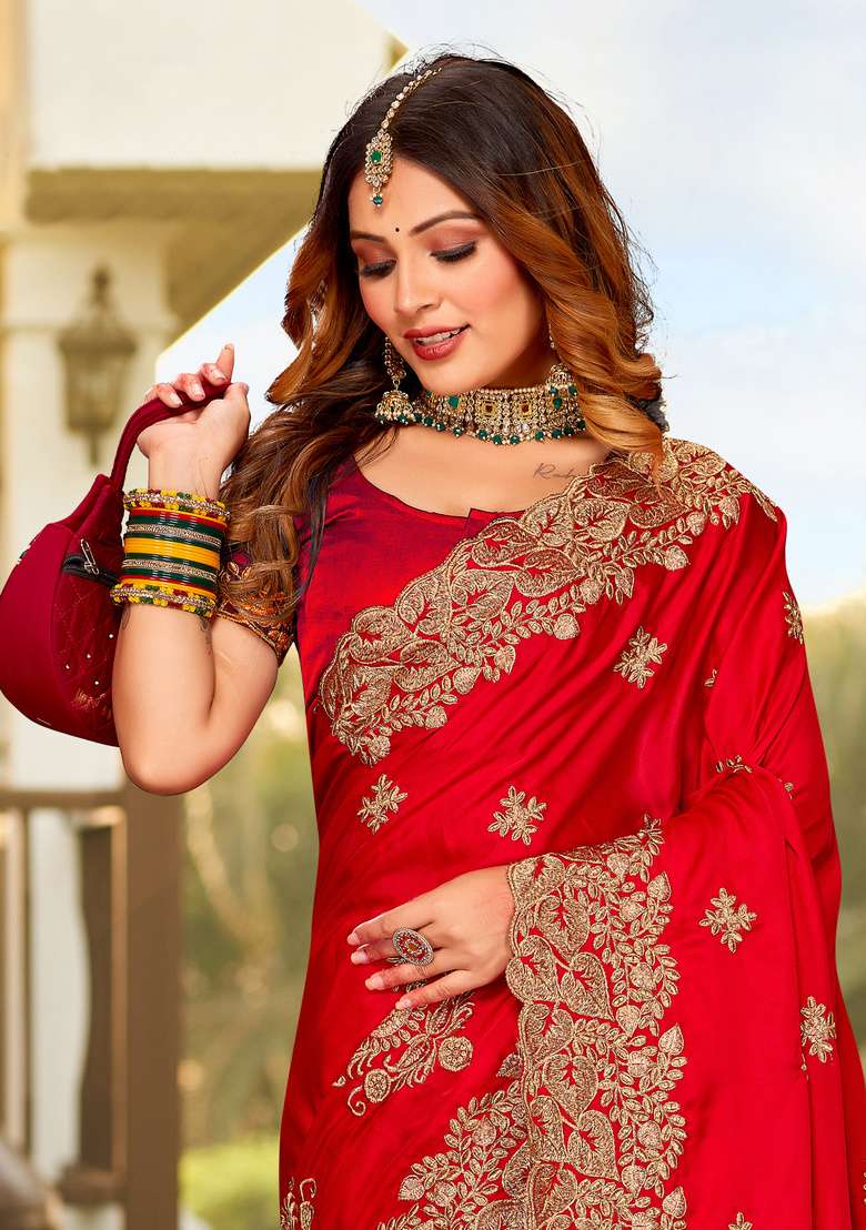 Red Embroidered Satin Saree Set for Diwali and Festive Wear - Indya